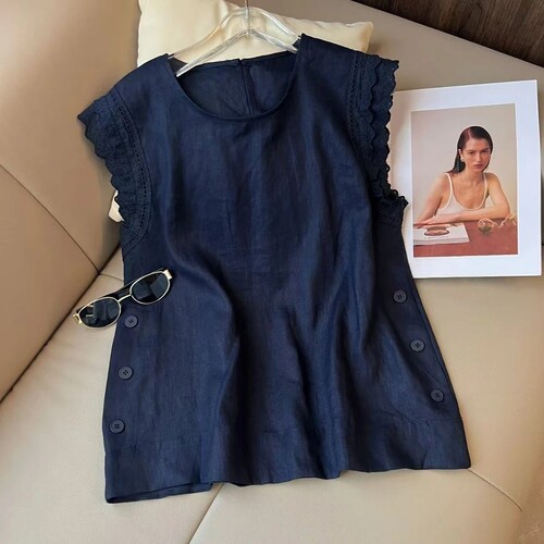 品牌折扣大码专柜撤柜夏季棉麻无袖背心上衣女设计感显瘦亚麻衬衫