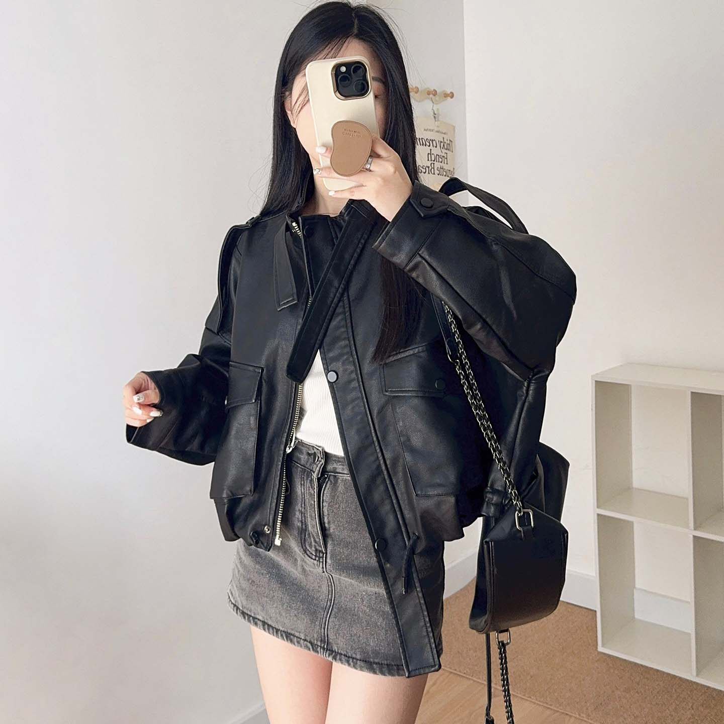黑色酷飒风立领PU皮衣女