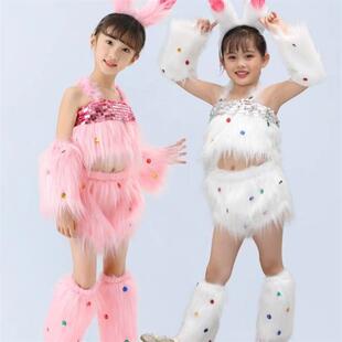 送扇子六一儿童节演出服卡通兔气动物表演服扬眉小白兔子舞蹈服装