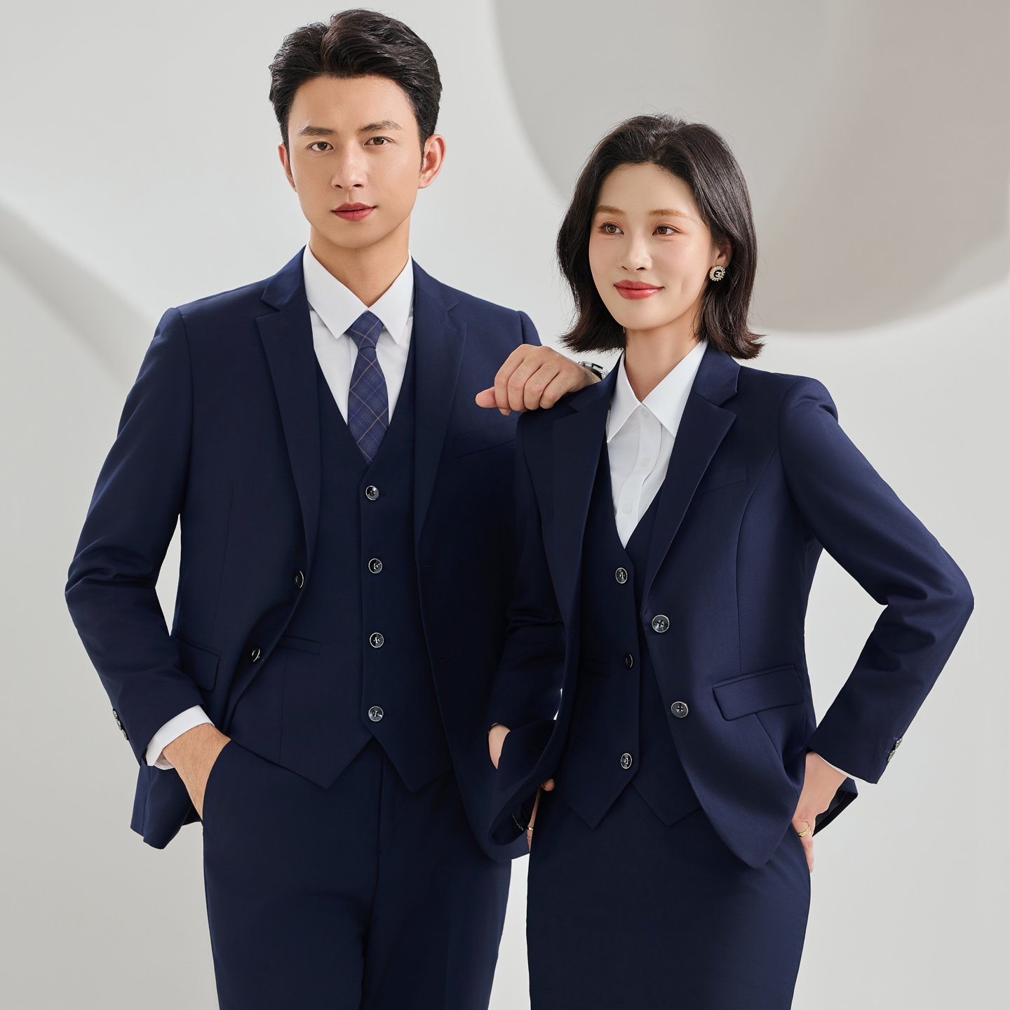 西装藏蓝色商务正装男女银行西服