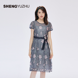 声雨竹官方旗舰店夏季新款女士连衣裙甜美短袖圆领修身套头休闲