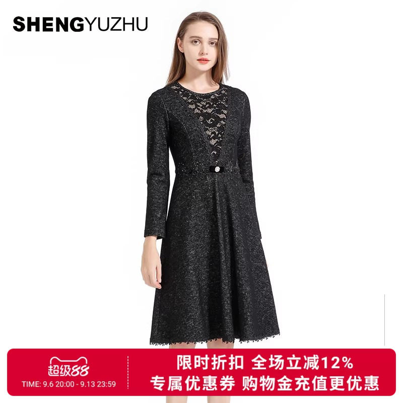 声雨竹专柜同款春夏季新款连衣裙长袖加厚保暖黑色显瘦套头a字裙