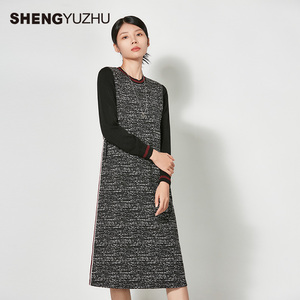 声雨竹官方旗舰店春夏款连衣裙女保暖商场同款圆领中长裙高级时尚