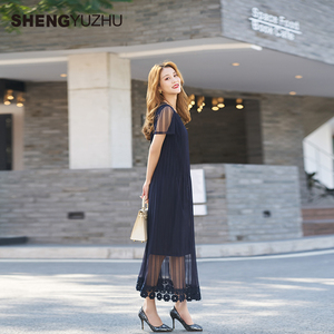 声雨竹官方旗舰店夏季新款女士连衣裙圆领雪纺网纱商场同款高级感
