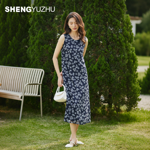 声雨竹官方旗舰店2026夏季碎花圆领背心连衣裙无袖宽松腰印花长裙