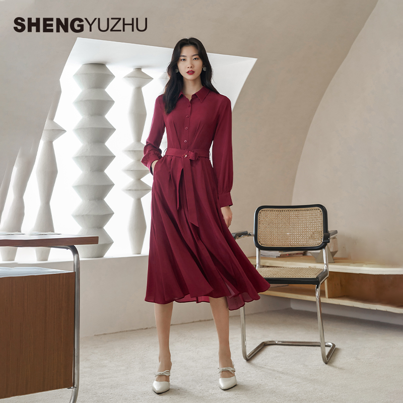 声雨竹收腰系带桑蚕丝连衣裙