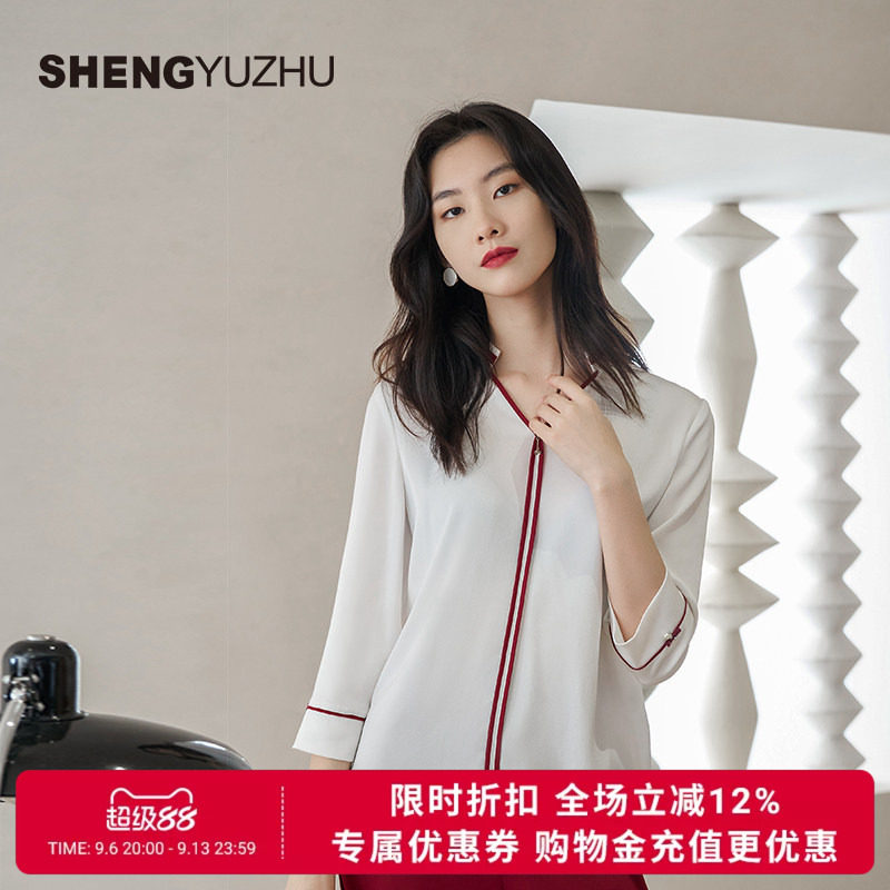声雨竹官方旗舰店23年2026夏款衬衫女九分袖V领套头商场同款上衣