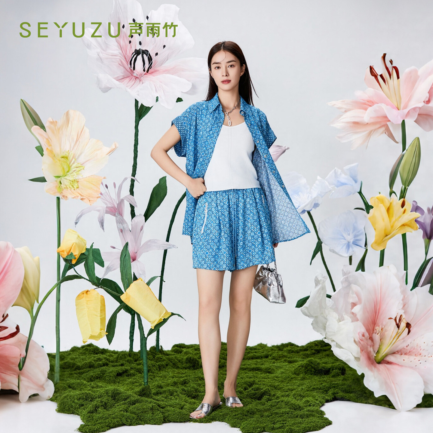 声雨竹官方旗舰店2026夏季天蓝色中高腰直筒短裤女薄款免烫通勤裤