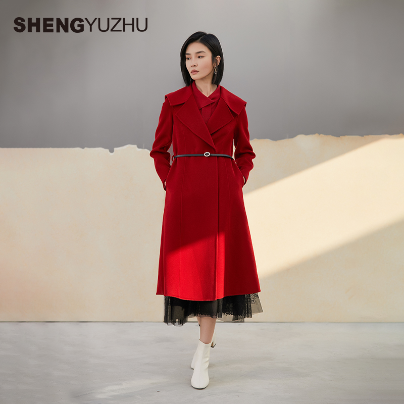 声雨竹2025秋季新长款系带大衣气质通勤绵羊毛山羊绒面料毛呢大衣