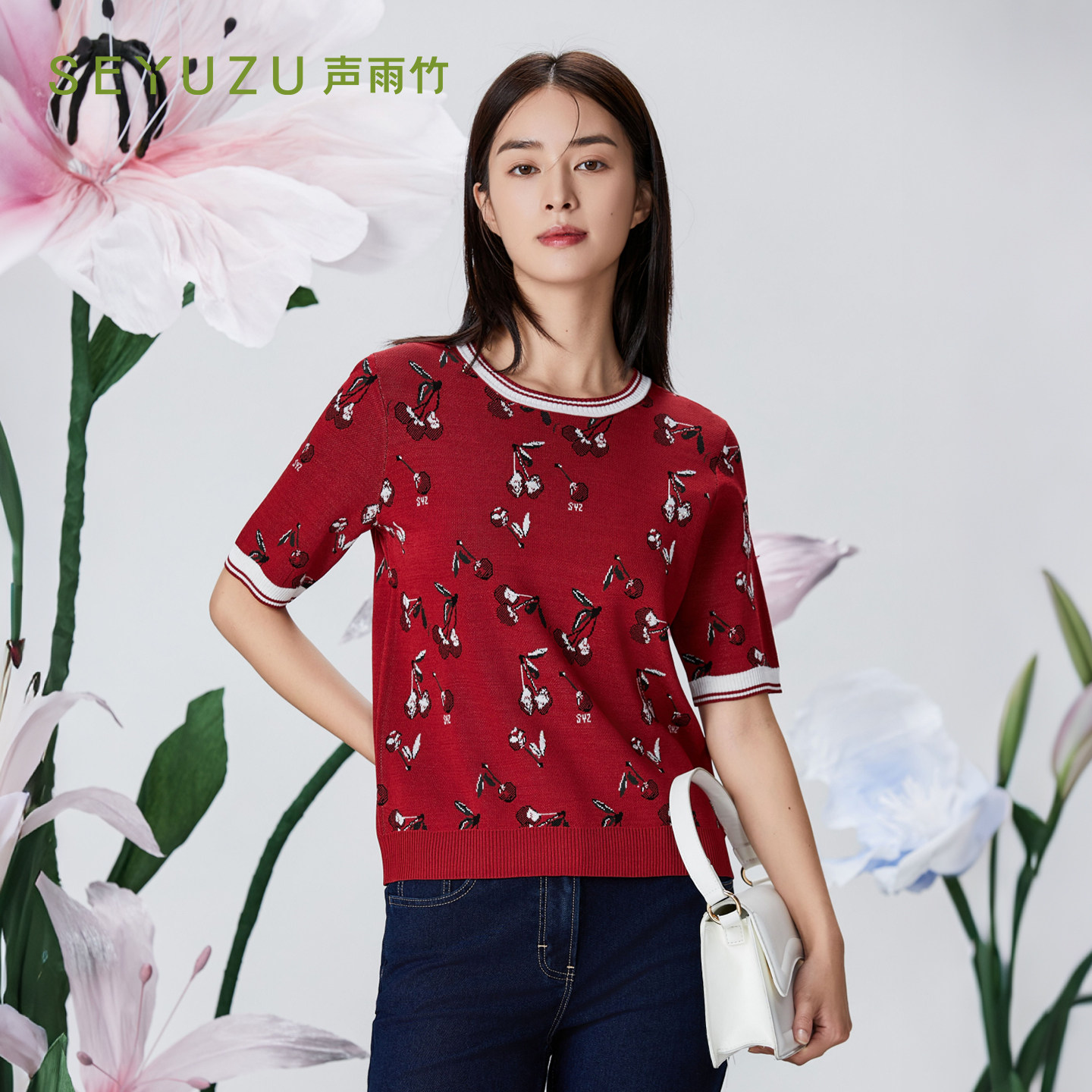 声雨竹官方旗舰店2026夏季圆领针织线衫女短袖烫钻印花套头上衣