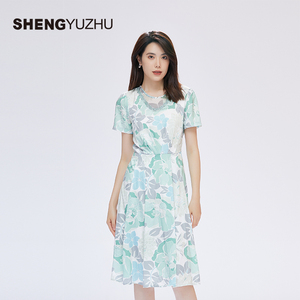 声雨竹官方旗舰店2026夏款女士连衣裙修身收腰雪纺气质印花休闲