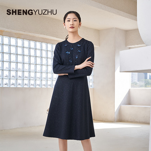 声雨竹官方旗舰店春夏新款连衣裙女商场同款长袖圆领A字裙女气质