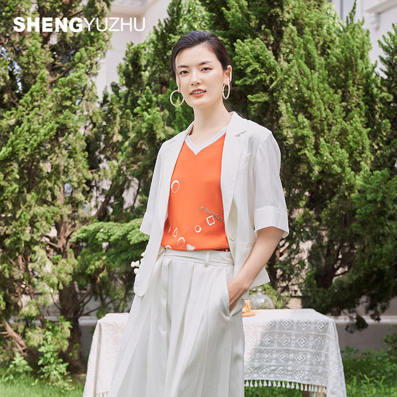 声雨竹2025年新款西装领一粒扣纯色五分袖短外套女修身高级感上衣