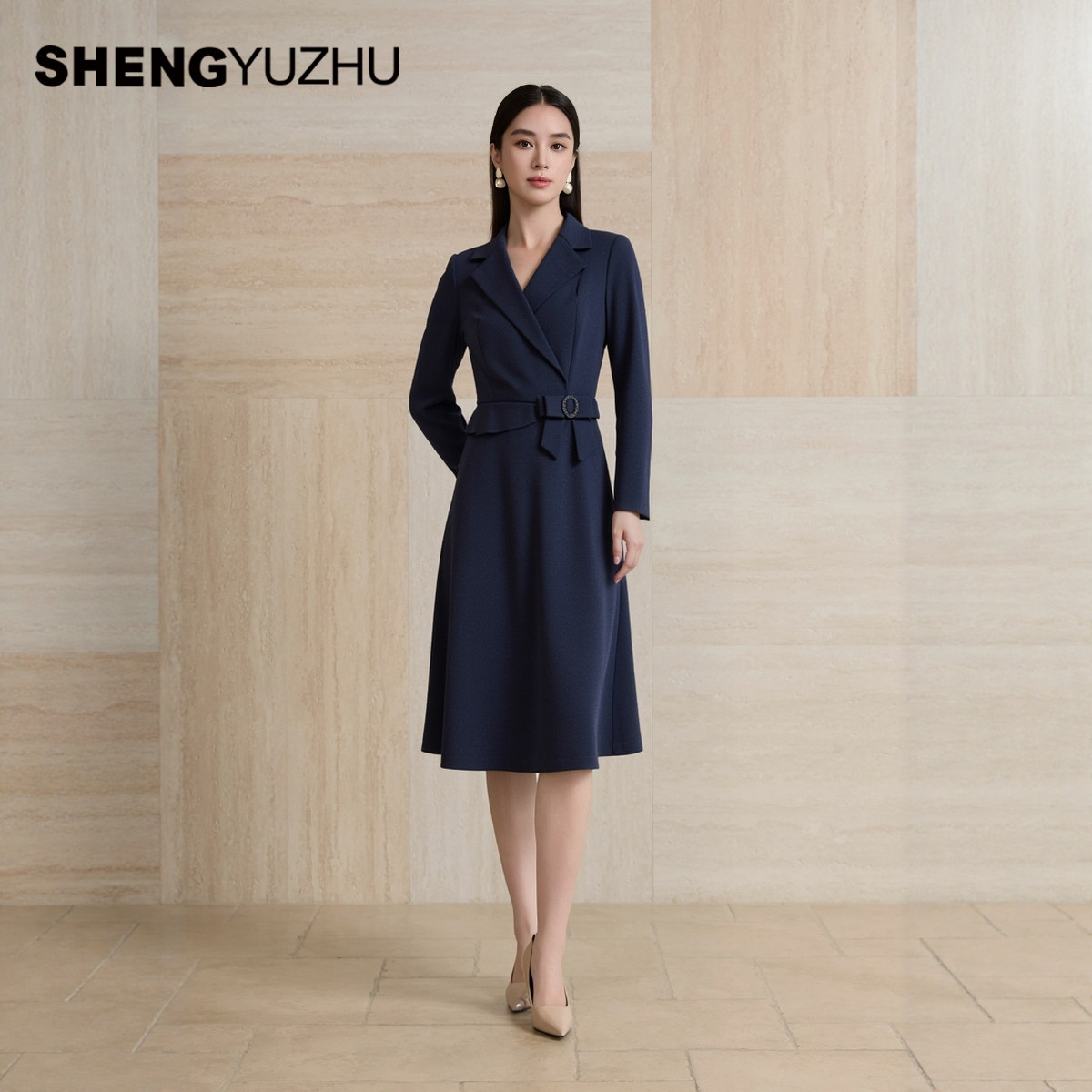声雨竹官方旗舰店2025秋冬西装领连衣裙长袖高腰通勤百搭A字裙