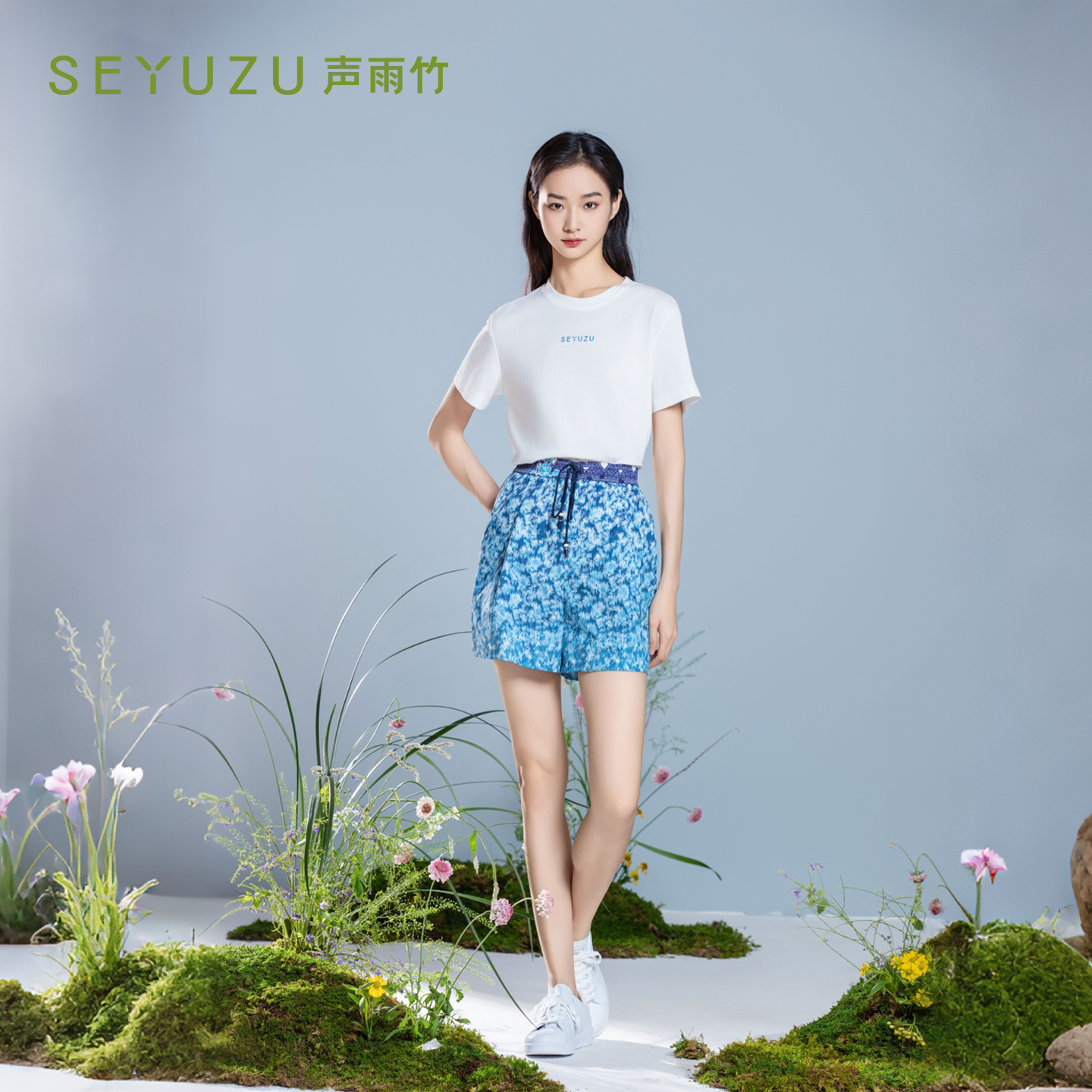 声雨竹官方旗舰店2026夏季浅蓝花直筒短裤女薄款松紧腰通勤淑女裤