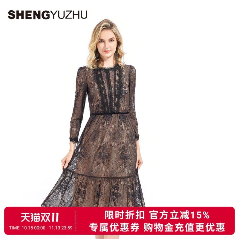 声雨竹官方旗舰店2026夏款女连衣裙商场同款长袖蕾丝裙子气质休闲