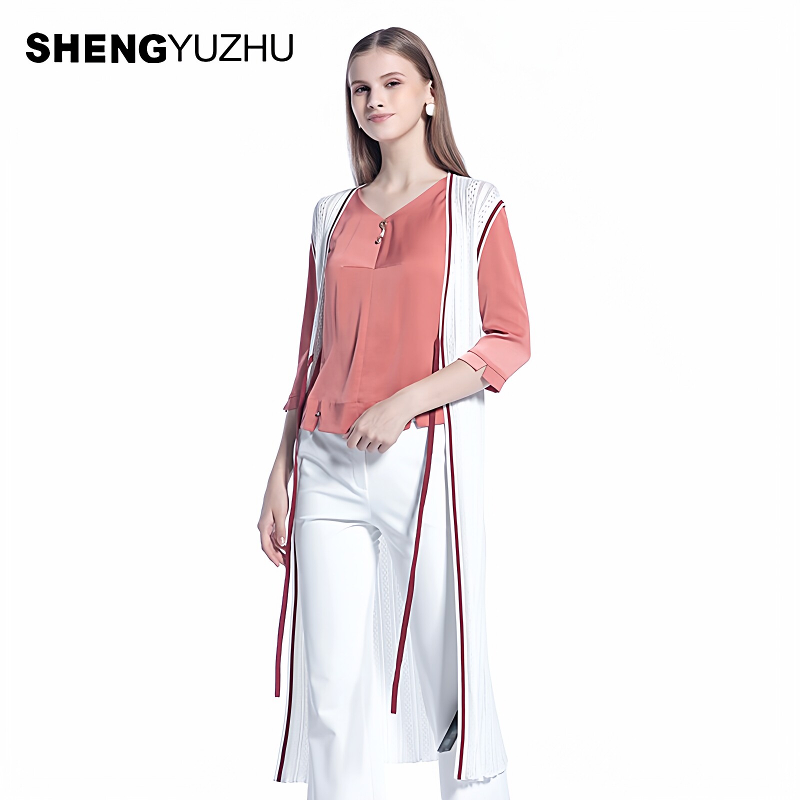 声雨竹专柜秋夏款针织衫女纯白色中长款显瘦无袖复古性感长衫薄款