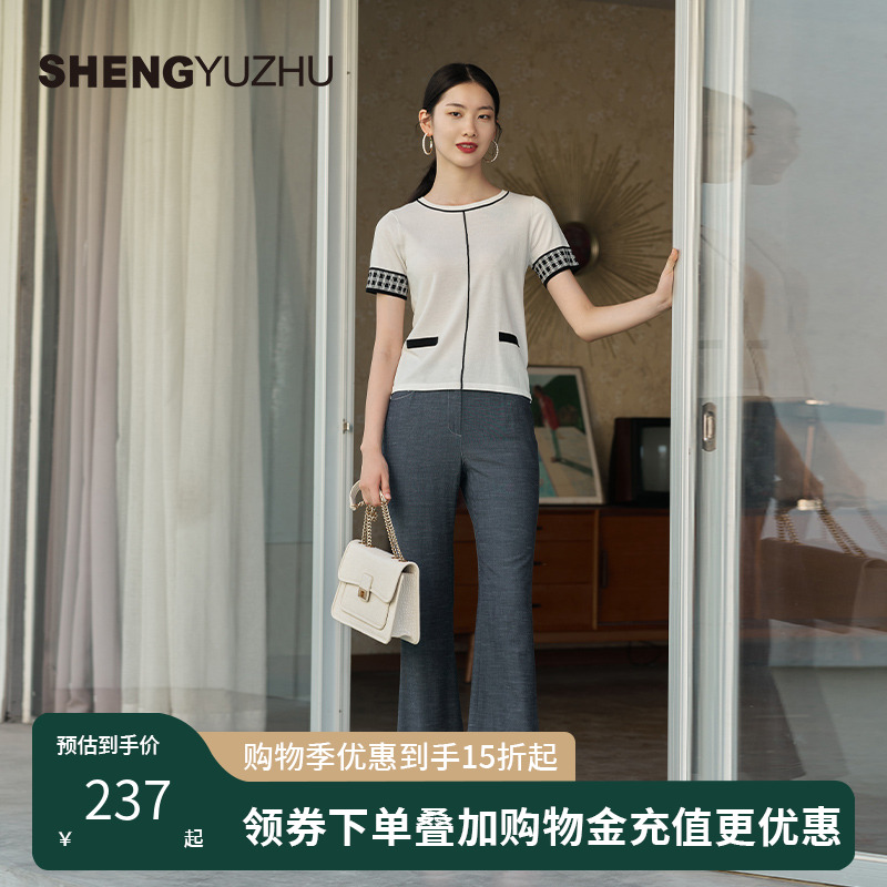 声雨竹官方旗舰店23年秋季新款针织衫女短袖圆领商场同款薄款上衣