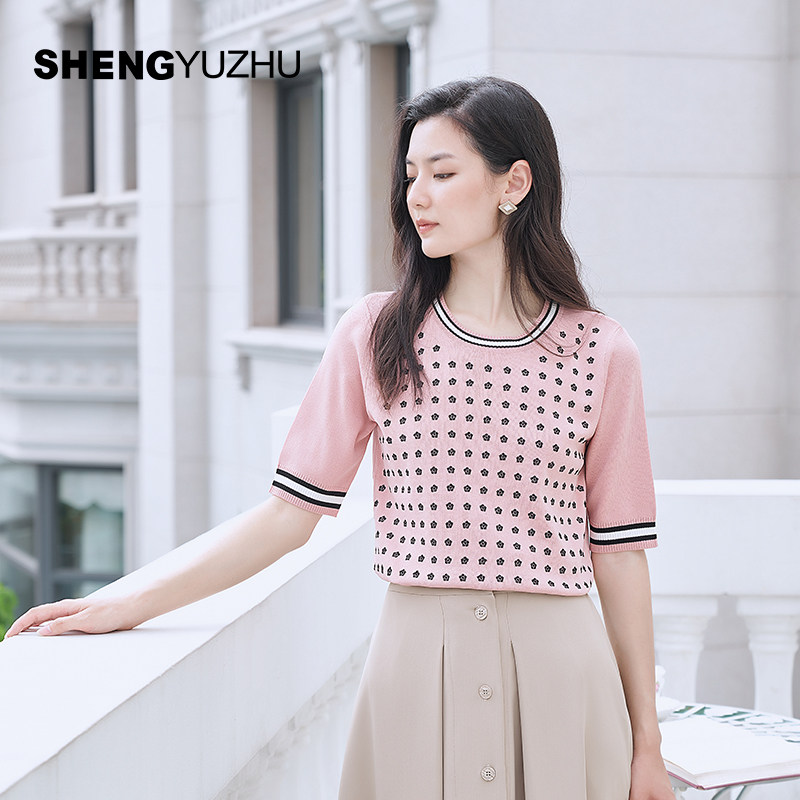 声雨竹官方旗舰店专柜秋季新款女短袖针织衫圆领纯色波点高级感