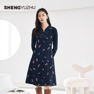 声雨竹官方旗舰店春夏新款连衣裙商场同款气质长袖V领A字裙女气质