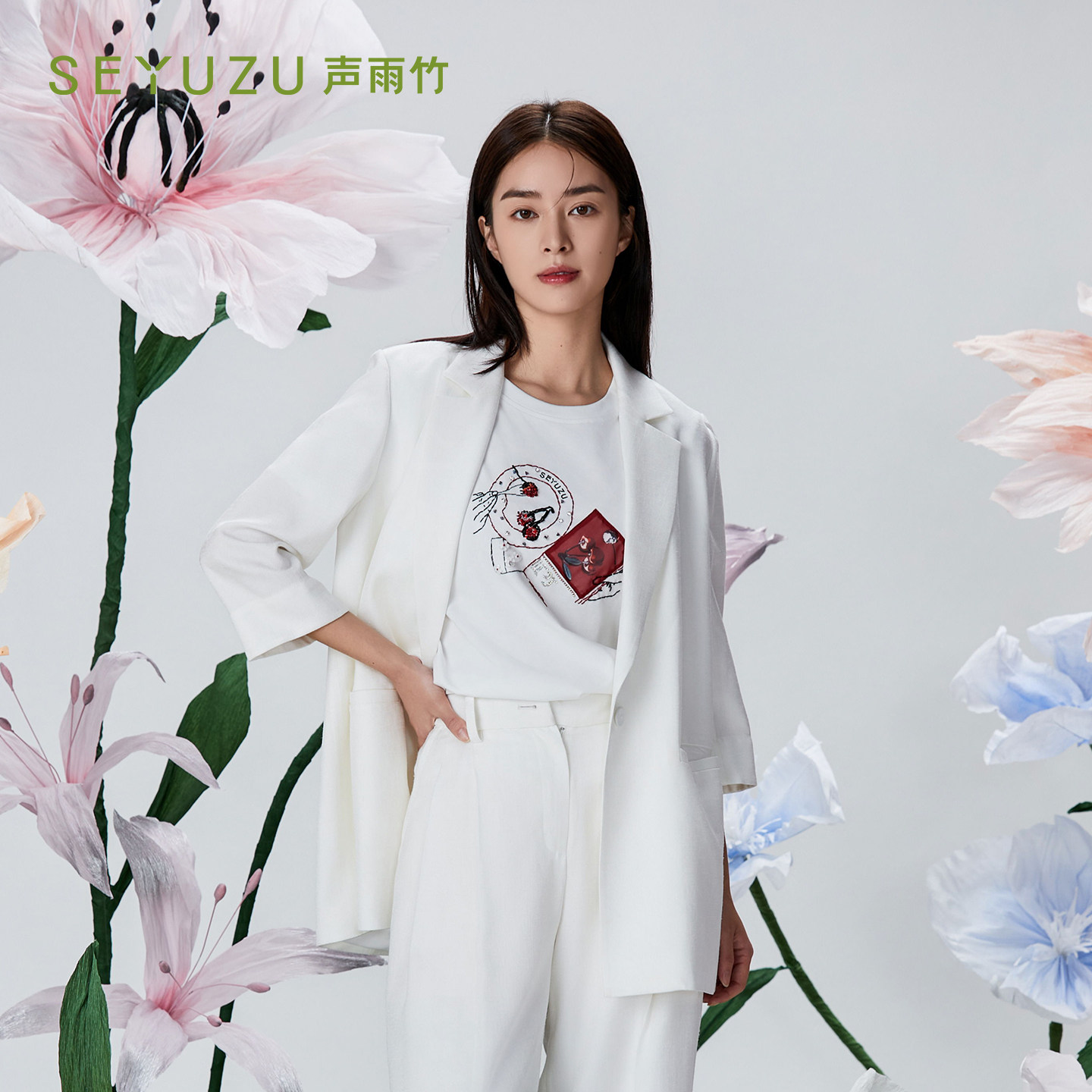 声雨竹官方旗舰店2026秋POLO领西装七分袖中长款立体裁剪宽松外套