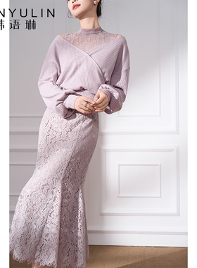 韩语琳粉色鱼尾裙蕾丝半身裙女2025新款冬冬款高腰修身包臀裙裙子