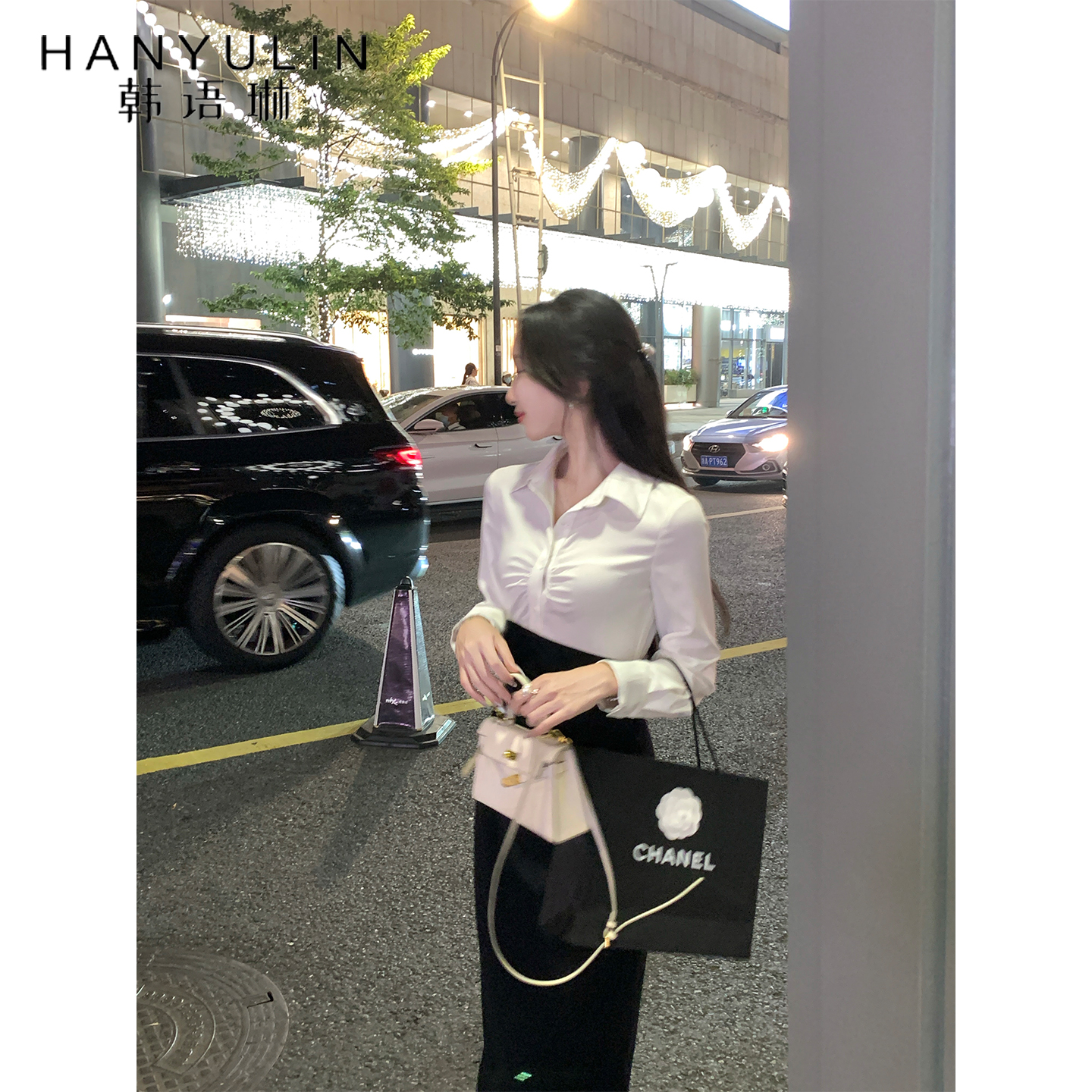 韩语琳白色衬衫黑色拼接裙