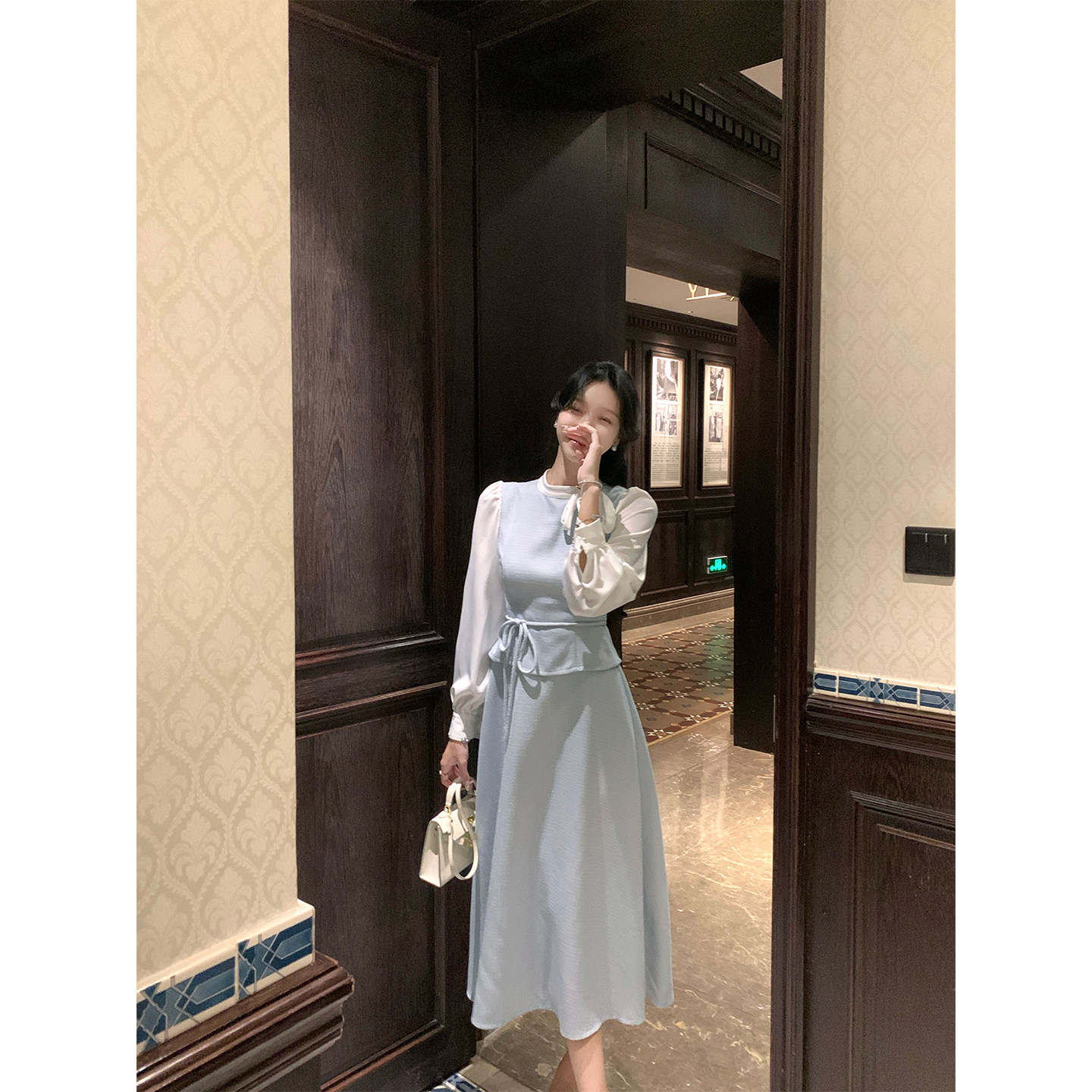 韩语琳/复古优雅浅蓝假两件长袖连衣裙女秋春气质名媛收腰长裙子,女装/女士精品,连衣裙,淘宝优惠券,粉丝福利购,淘宝优惠卷