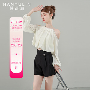 韩语琳套装女2024新款春秋时尚显瘦高级感长袖白色衬衫短裤两件套