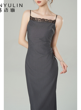 【清仓价】灰色吊带裙气质连衣裙女冬季法式收腰显瘦中长款修身裙