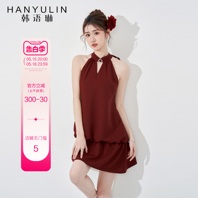 红色短款法式气质韩语琳连衣裙