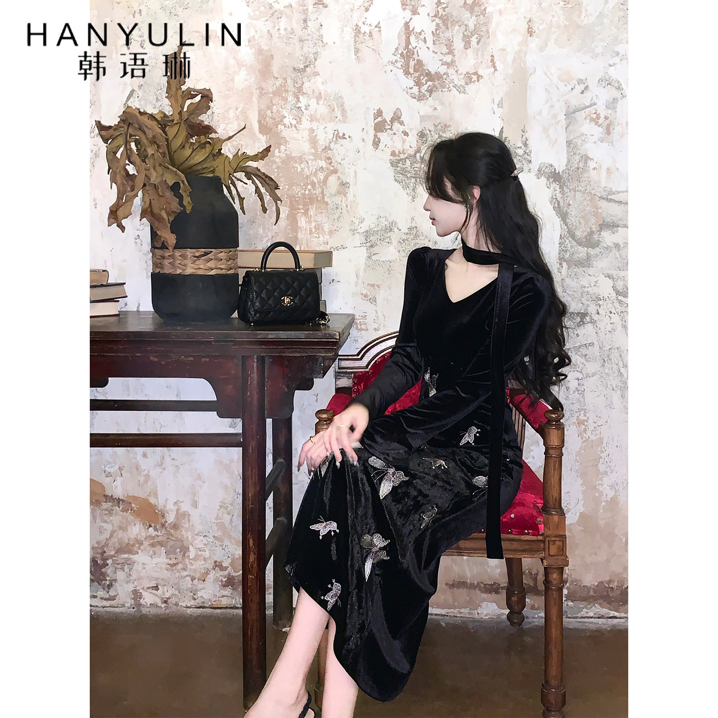 韩语琳 中式复古黑色丝绒连衣裙女重工蝴蝶刺绣优雅气质名媛长裙,女装/女士精品,连衣裙,淘宝优惠券,粉丝福利购,淘宝优惠卷