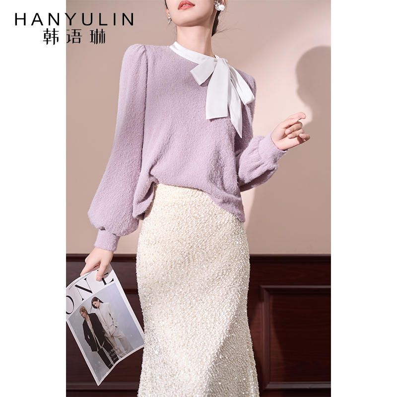 紫色长袖针织衫显瘦蝴蝶结上衣