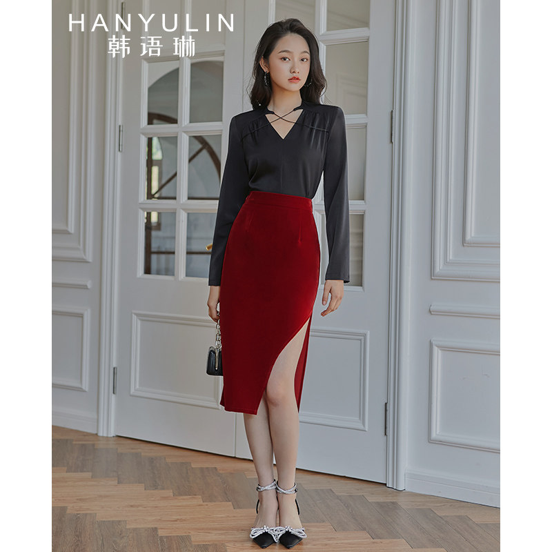 【清仓价】春季新款复古高腰酒红弧形开叉雾面丝绒包臀裙女半身裙,女装/女士精品,半身裙,淘宝优惠券,粉丝福利购,淘宝优惠卷