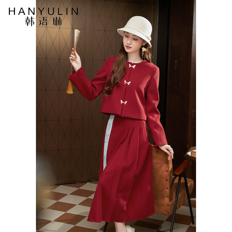 【清仓价】套装新款冬季两件套高级感国风气质红色外套半身裙