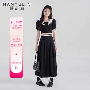 韩语琳黑色半身裙网红套装女装夏季新款活泼减龄学院风针织两件套