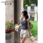 复古V领设计感小众别致短款 韩语琳 吊带 上衣春季 新款 法式 碎花无袖