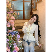 2025新春季 韩语琳 气质甜美优雅木耳边V领雪纺衬衫 奶油黄收腰上衣