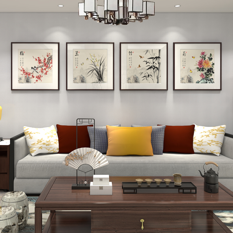 新中式客厅沙发背景墙装饰画梅兰竹菊挂画斗方四联壁画茶室国画