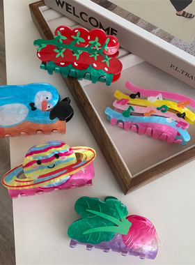 小众创意设计彩色音符圣女果抓夹萝卜星球抓夹亚克力发抓鲨鱼夹女