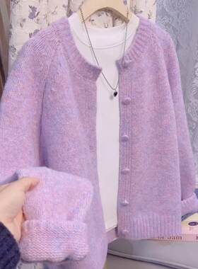 180斤微胖宽松大码女装上衣春秋慵懒风毛衣外套春季圆领休闲开衫