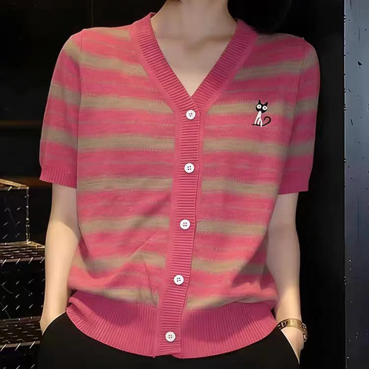 特大码300斤高级感甜美刺绣针织开衫女夏2025新宽松条纹冰丝上衣图片