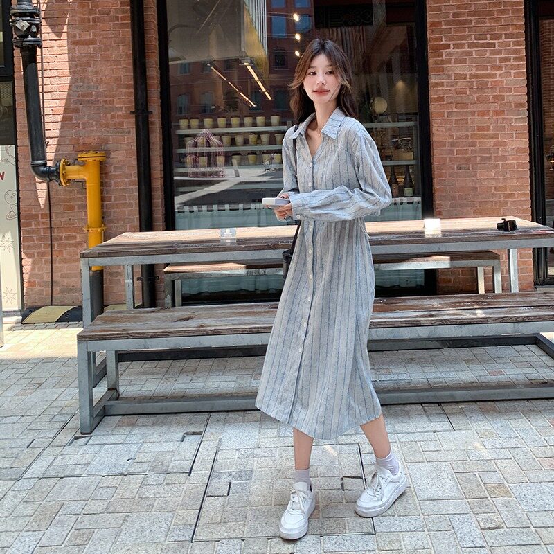 长袖条纹衬衫连衣裙女2026年连衣裙