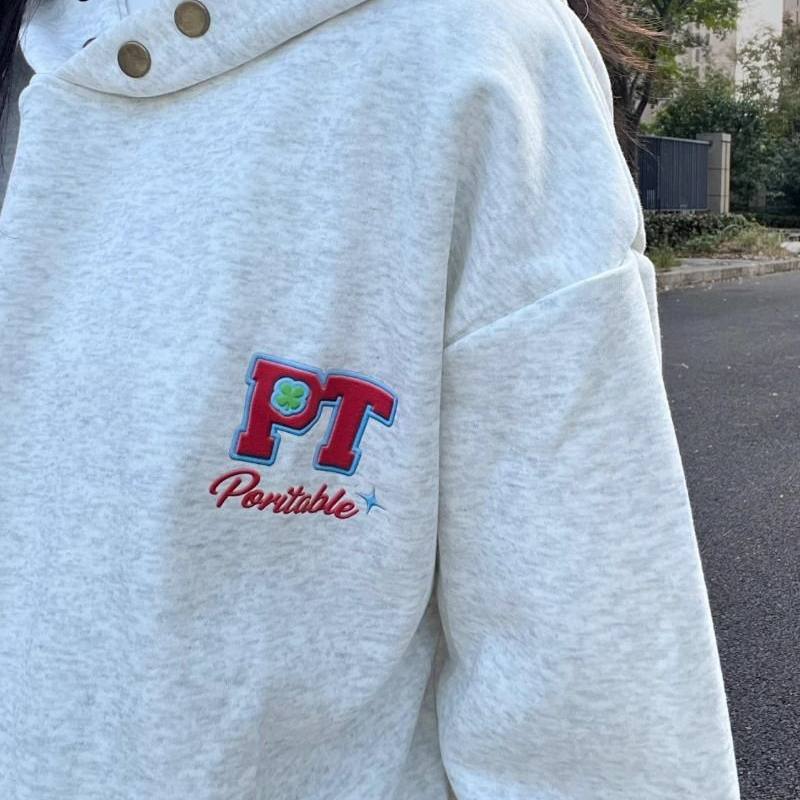 复古刺绣连帽衫卫衣秋冬宽松慵懒风外套加绒加厚长袖休闲刺绣上衣