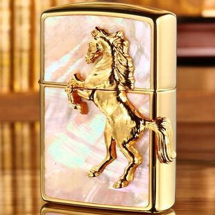 zippo打火机镶嵌贝壳彩贝贴章马到成功生肖马新年礼物送男友