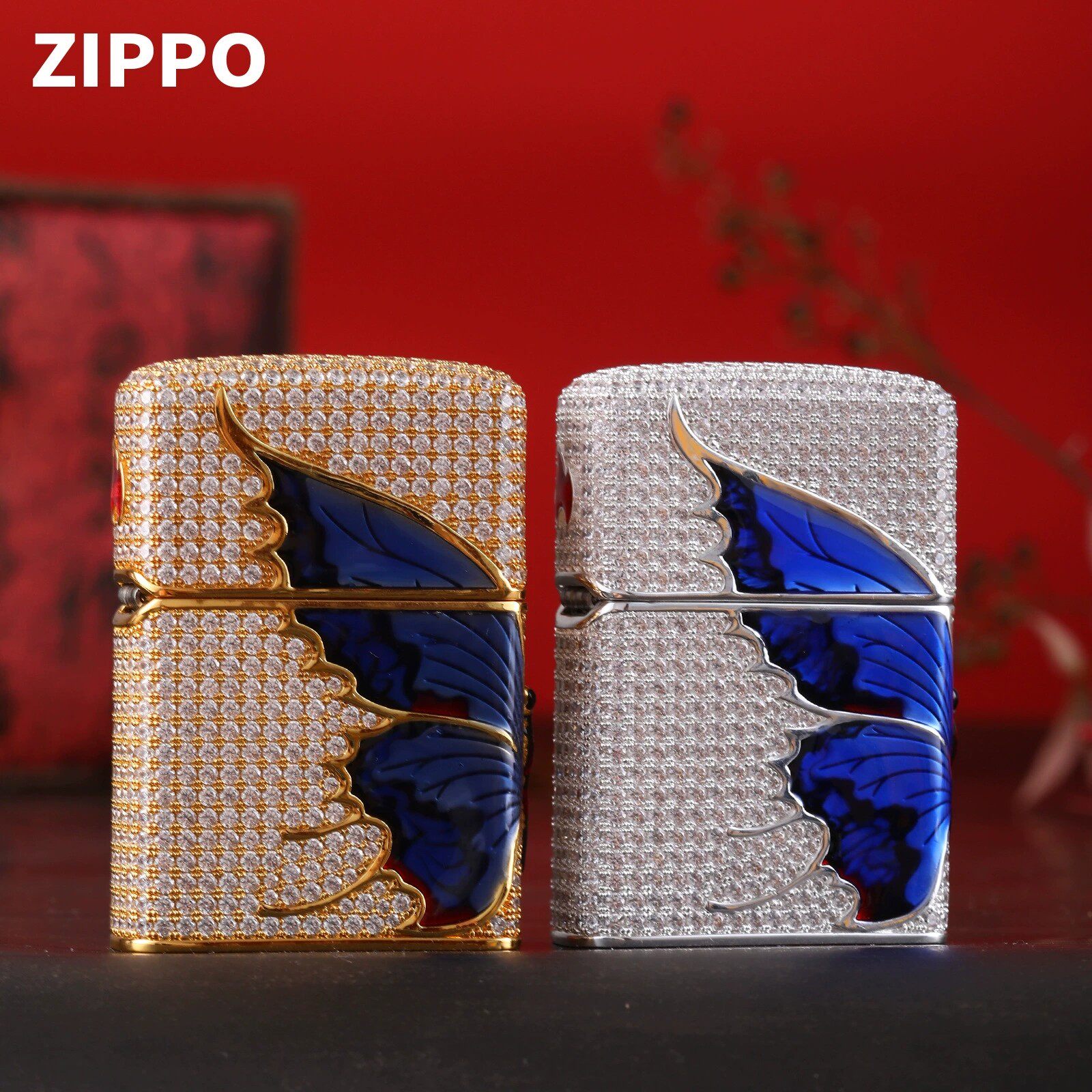 正版zippo打火机镶钻套壳金银色满钻蓝蝴蝶正版煤油机
