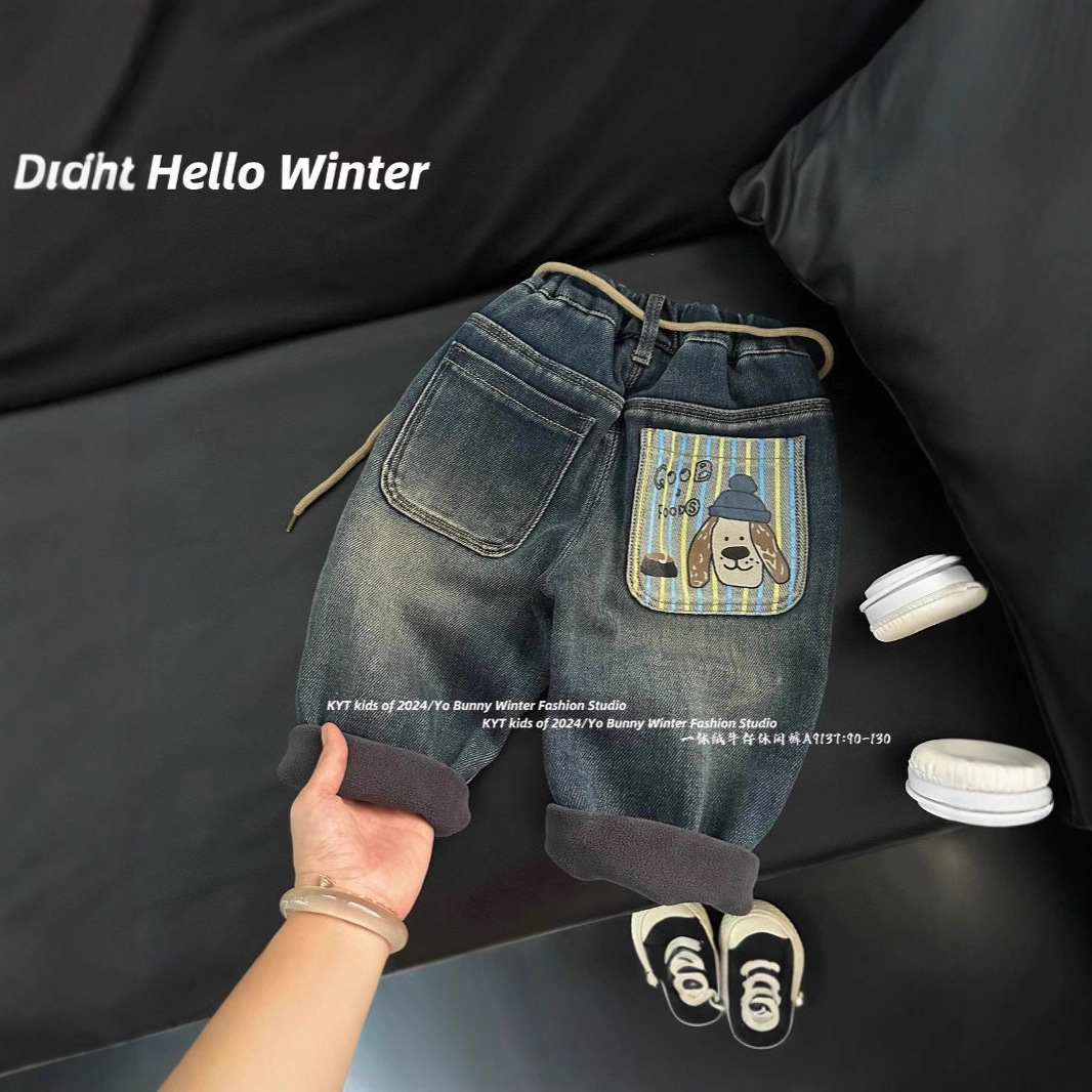 男童洋气加绒外穿秋冬牛仔裤2025新款女宝宝加厚休闲冬装儿童裤子