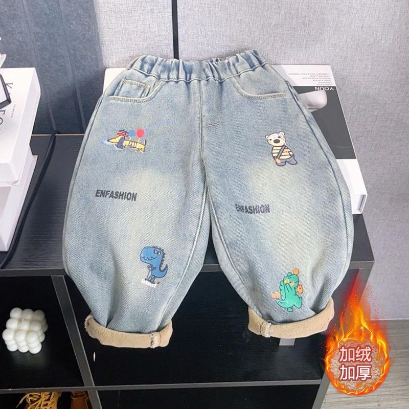 秋冬季男童女童加绒保暖加厚牛仔裤卡通印花儿童加绒老爹裤时尚冬
