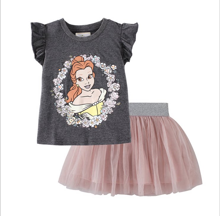卡通公主裙夏季女童纯棉印花短袖t恤蕾丝半裙套装小宝宝裙子套装