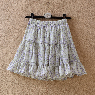 春夏碎花色雪纺短裙女松紧腰印花荷叶边蓬蓬高腰防走光裤 裙半身裙